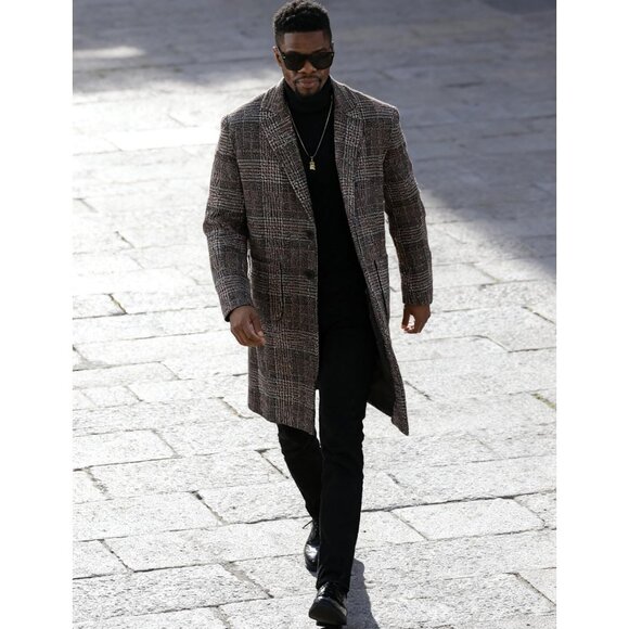 Men's Khaki Winter Single-Breasted Trench Coat with Notched Collar Pockets - Picture 4 of 9